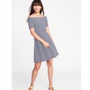 Old Navy Navy and White Striped Off-Shoulder A-Line Dress